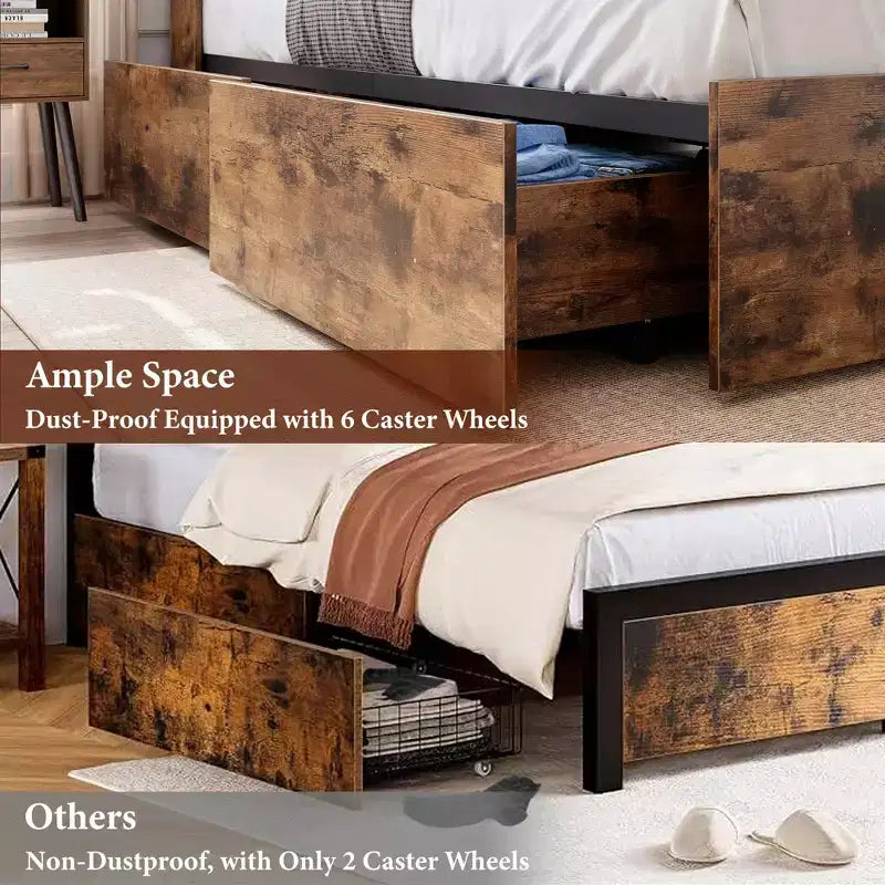 Struttura letto matrimoniale con testiera contenitore, in legno, con 4 cassetti, libreria contenitore e letto matrimoniale king size con robusto supporto in metallo