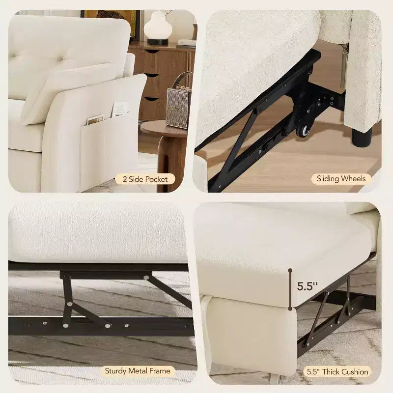 Divano letto trasformabile Dyonery 3-in-1, divano letto estraibile con tasca laterale e schienale regolabile, montaggio senza attrezzi, divanetto pieghevole