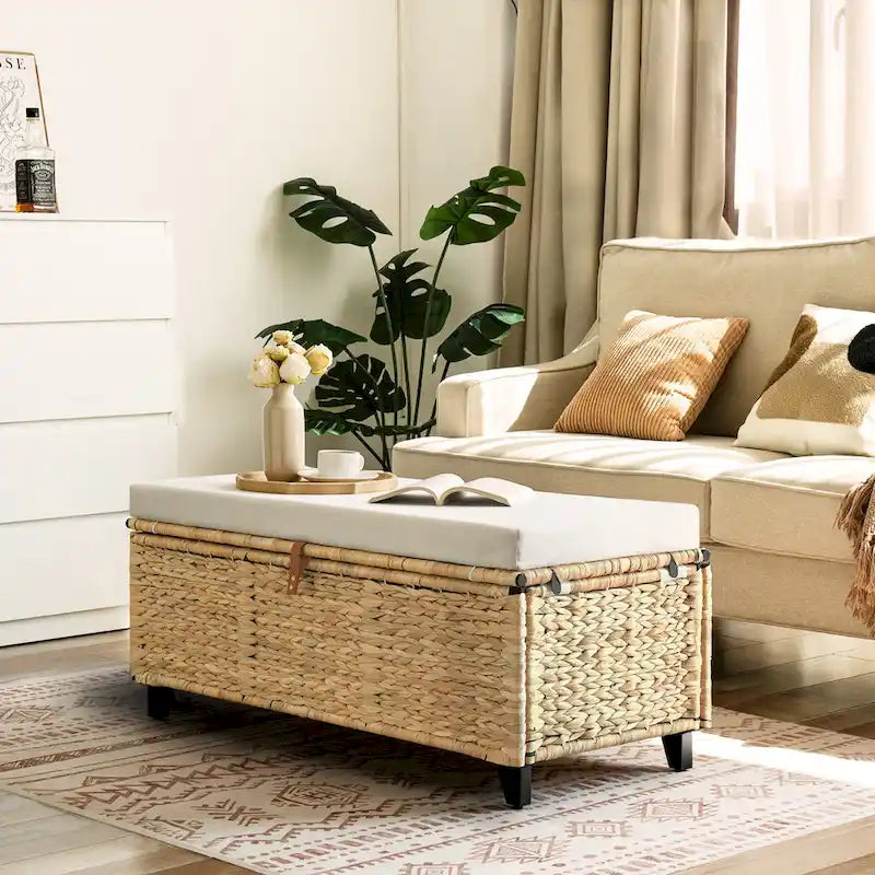 Banc de rangement en osier avec coussin pour chambre, salon ou véranda - 18.5 H X 43.3 W X 18.5 P
