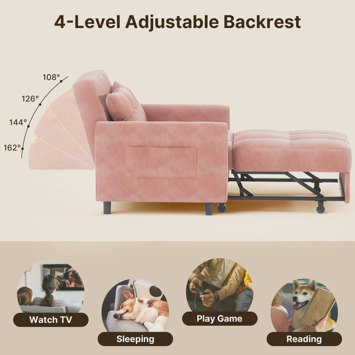 Divano letto trasformabile 3 in 1 con schienale regolabile, poltrona-divano estraibile, letto pieghevole convertibile per soggiorno