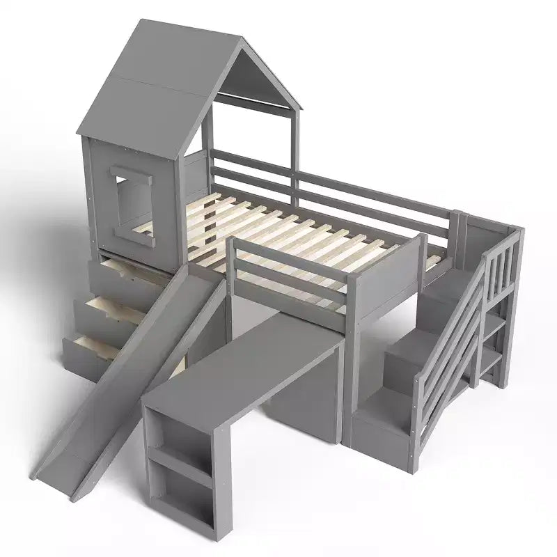 Einzel-Hochbett mit 3 Schubladen und Treppe mit Stauraum, Hausbett aus Holz mit Rutsche und abnehmbarem Schreibtisch