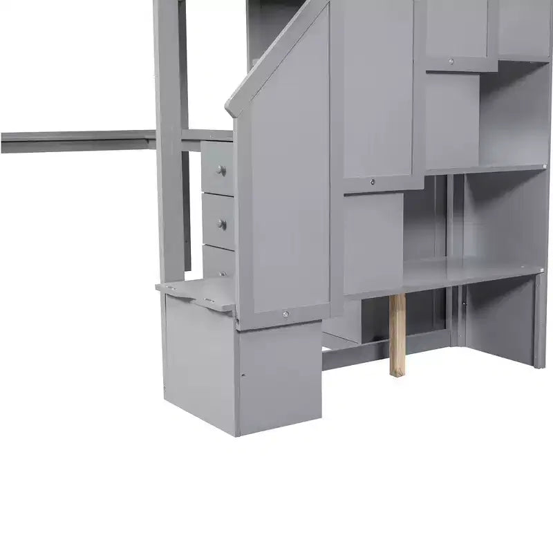 Hoogslaper voor een eenpersoonsmatras met L-vormig bureau, 3 laden, kast, opbergruimte in de trap, gemaakt van massief grenenhout/MDF