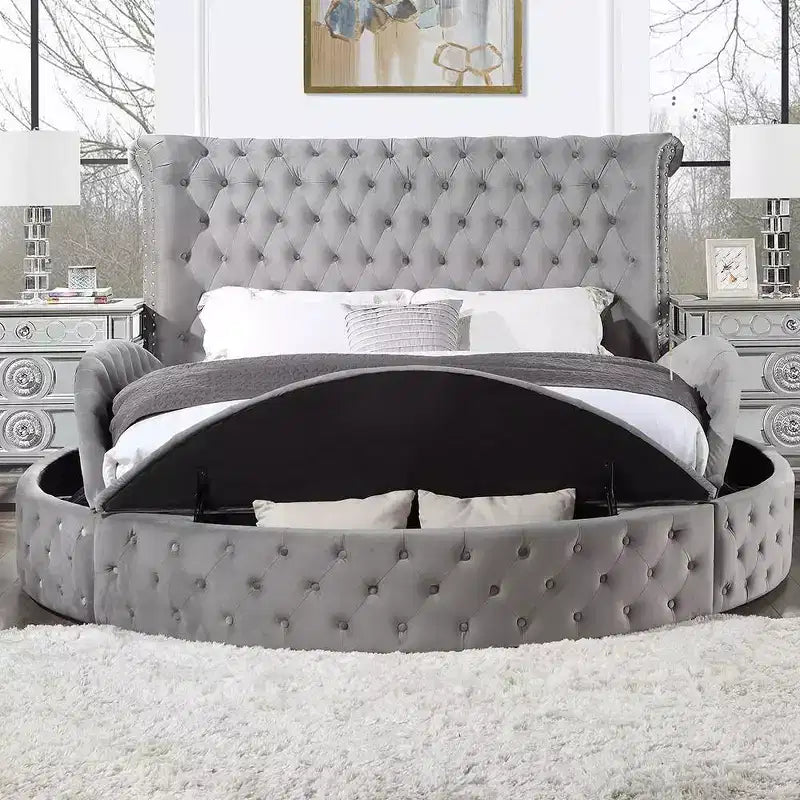 Lit queen Gaiva gris velours 109 - Acme Furniture : clous décoratifs élégants, capitonnage à boutons, cadre en bois composite