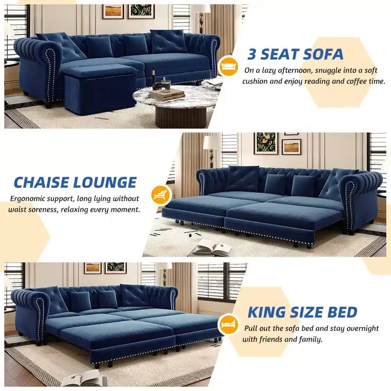 Canapé-lit convertible 3-en-1 Whisen en velours, format king size, avec pouf mobile, design capitonné