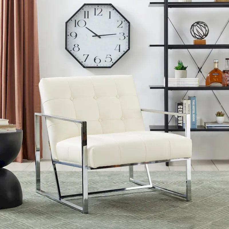 Glitzhome Akzentstuhl im Mid-Century-Stil, 30.50H, cremefarben, aus PU-Leder mit Knopfheftung und verchromtem Gestell