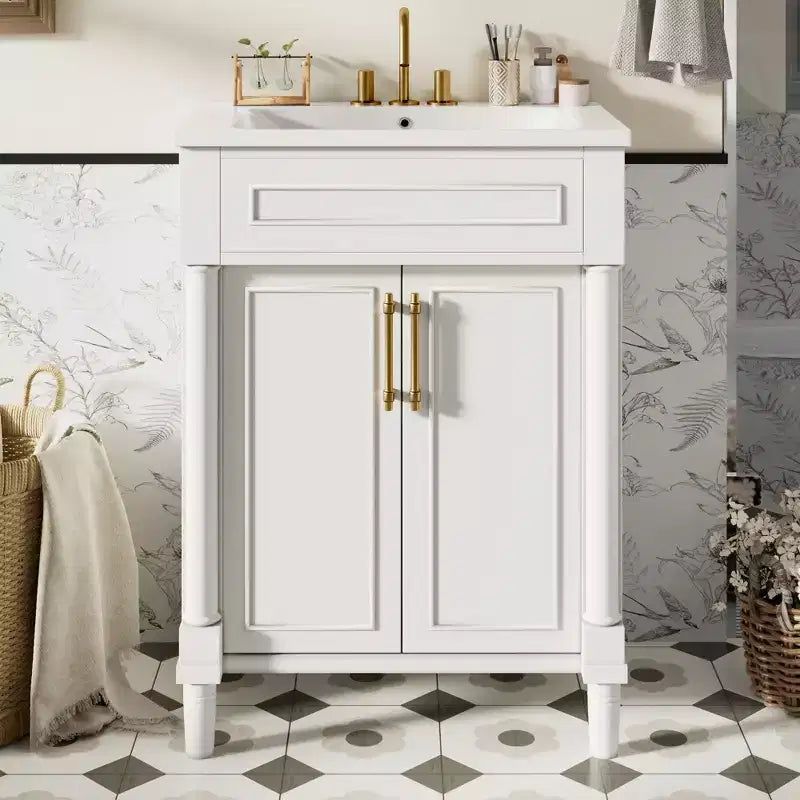 Meuble-lavabo de salle de bains 24 avec lavabo en céramique, meuble de style Shaker, 2 portes à fermeture amortie, structure en bois massif pour petite salle de bains ou salle d'eau