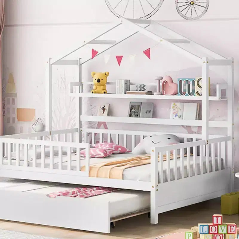 Acekool Hausbettgestell in Doppelbettgröße mit ausziehbarem Einzelbett, Schubladen und Ablagen, Dach und Zaun, Kinder-Platformbett, weiß