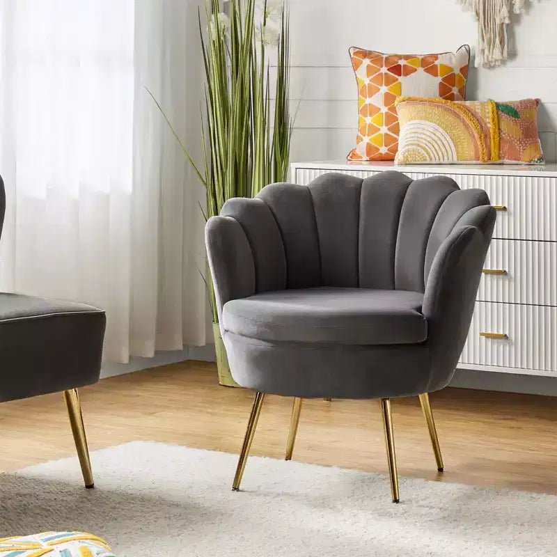 Fauteuil tonneau confortable avec pieds en métal doré, fauteuil d’appoint pour le salon