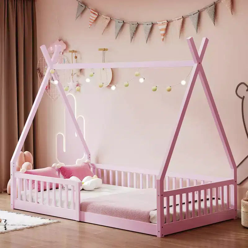 Vloerbed voor kinderen, tentbedden in eenpersoonsformaat, Montessori-vloerbed met latten en hekwerk, houten huisbedframe voor jongens en meisjes