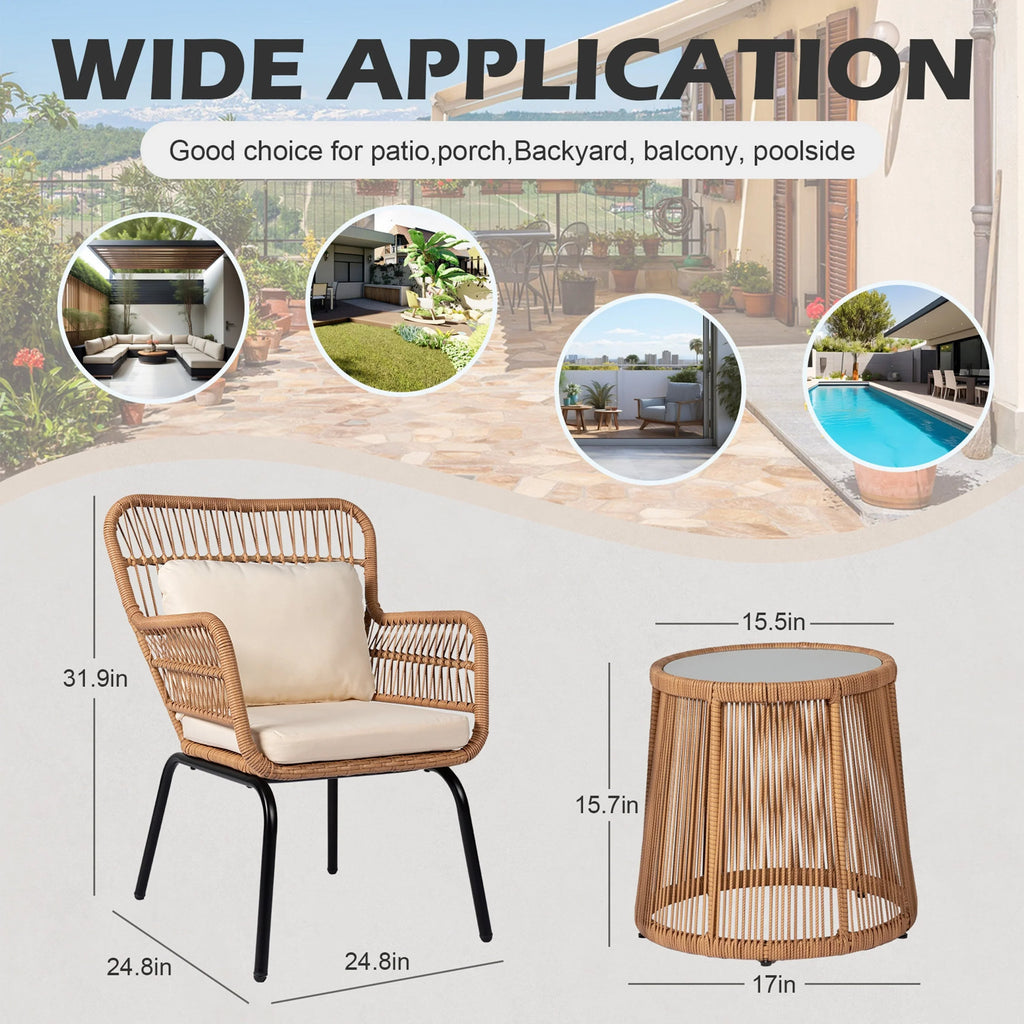 Ensemble bistro de jardin en osier de 3 pièces, ensemble de fauteuils de patio en rotin toutes saisons avec coussins