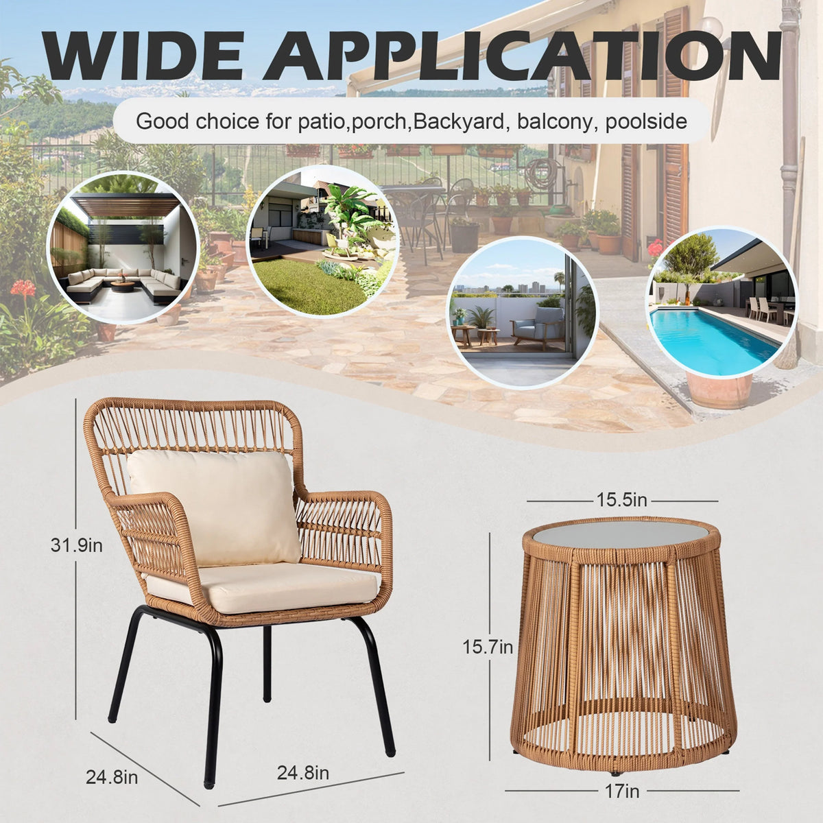 Ensemble bistro de jardin en osier de 3 pièces, ensemble de fauteuils de patio en rotin toutes saisons avec coussins