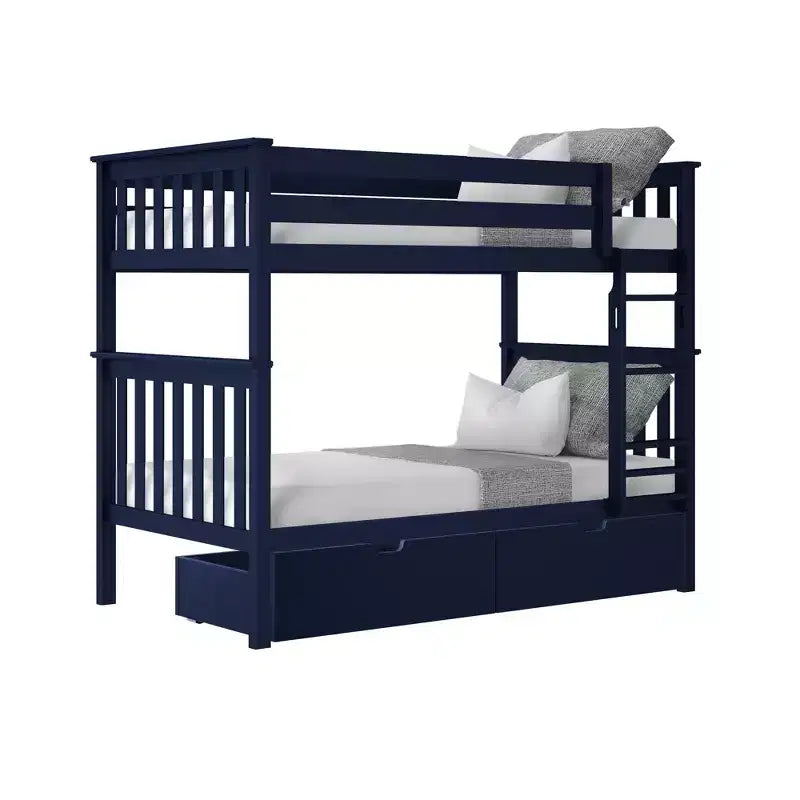 Letto a castello in legno massello per bambini, con due letti singoli sovrapposti e cassetti contenitori sotto il letto