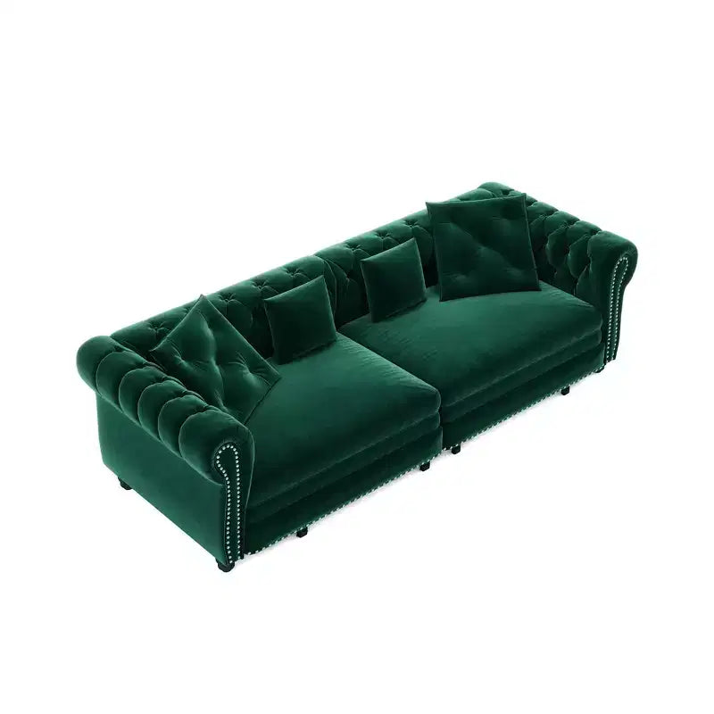 Canapé-lit convertible 3-en-1 Whisen en velours, format king size, avec pouf mobile, design capitonné