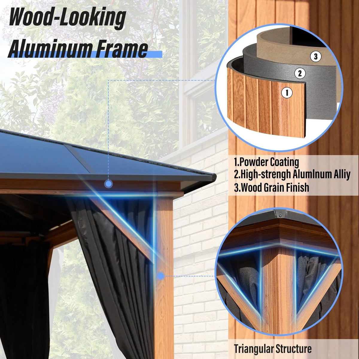 Gazebo EROMMY con tetto rigido, pergola da esterno con doppio tetto, rete e tende, copertura robusta per patio, giardino e feste in piscina