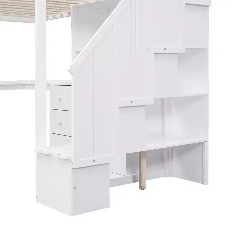Hoogslaper voor een eenpersoonsmatras met L-vormig bureau, 3 laden, kast, opbergruimte in de trap, gemaakt van massief grenenhout/MDF