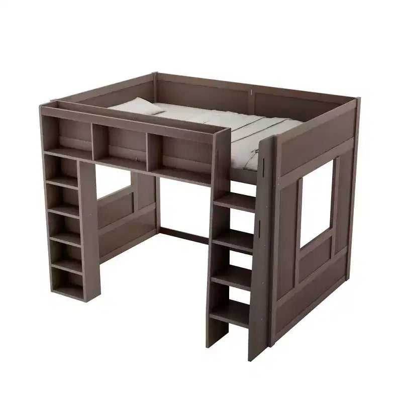 Struttura letto a soppalco in legno Whisen Queen Size con armadietti e ripiani contenitori