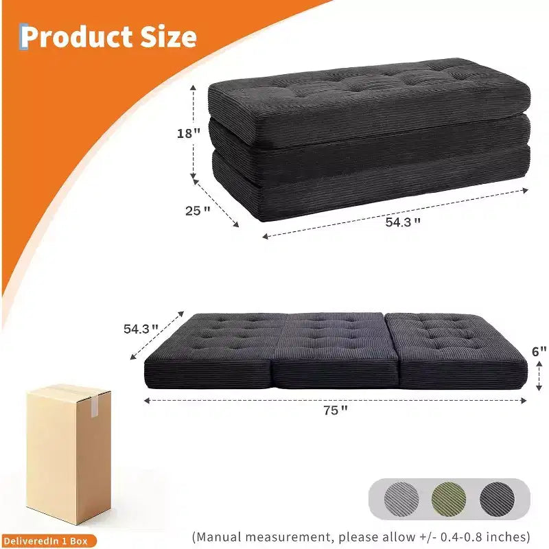 SunnyFurn drievoudig opvouwbaar matras en slaapbank van 6 Inch, opvouwbaar schuimrubberen logeerbed van 75X54.3 met geribde ribfluweelbekleding, draagbaar voor kamperen, woonkamer en slaapkamer