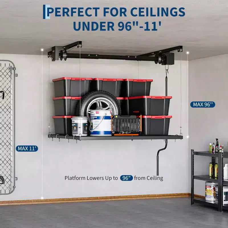 Support de rangement suspendu robuste et réglable pour garage, montage au plafond avec verrou de sécurité, capacité de 250 lb pour bacs, outils, vélos et articles de garage
