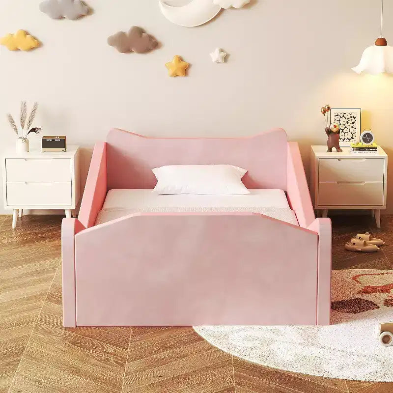Lit pour tout-petit JOYMOR, lit au sol avec barrière de sécurité, lit Montessori pour tout-petit avec formes d'oreilles d'animaux, rose