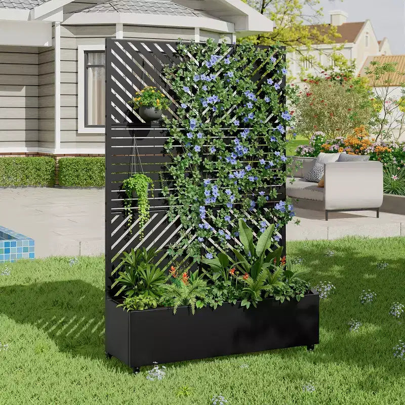 Jardinière MAYEERTY avec treillis en fer noir à lignes parallèles 01, style classique à persiennes, ensemble combiné de 3 pièces, 72x47x16in