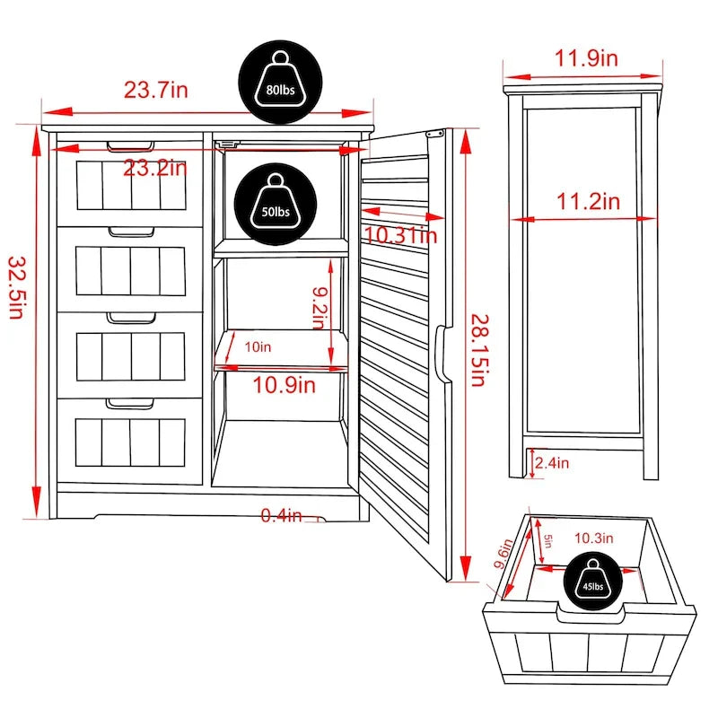Meuble de rangement de salle de bain sur pieds VEIKOUS avec 4 tiroirs