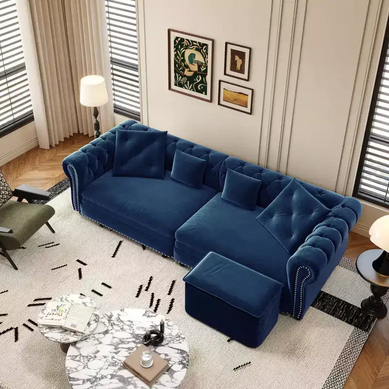 Canapé-lit convertible 3-en-1 Whisen en velours, format king size, avec pouf mobile, design capitonné