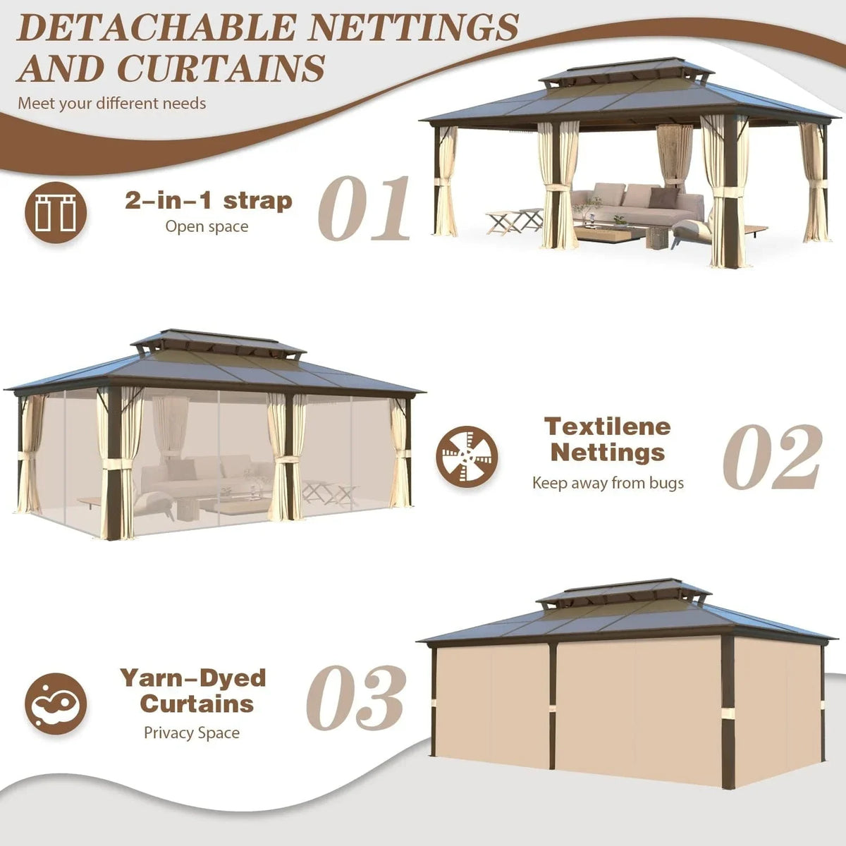 Gazebo EROMMY con tetto rigido, pergola da esterno con doppio tetto, rete e tende, copertura robusta per patio, giardino e feste in piscina