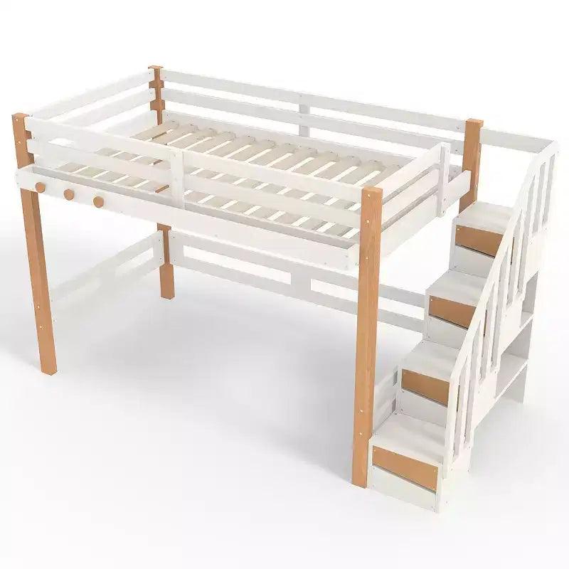 Moderne hoogslaper met kledinghaak, opbergplanken en ruimte onder het bed