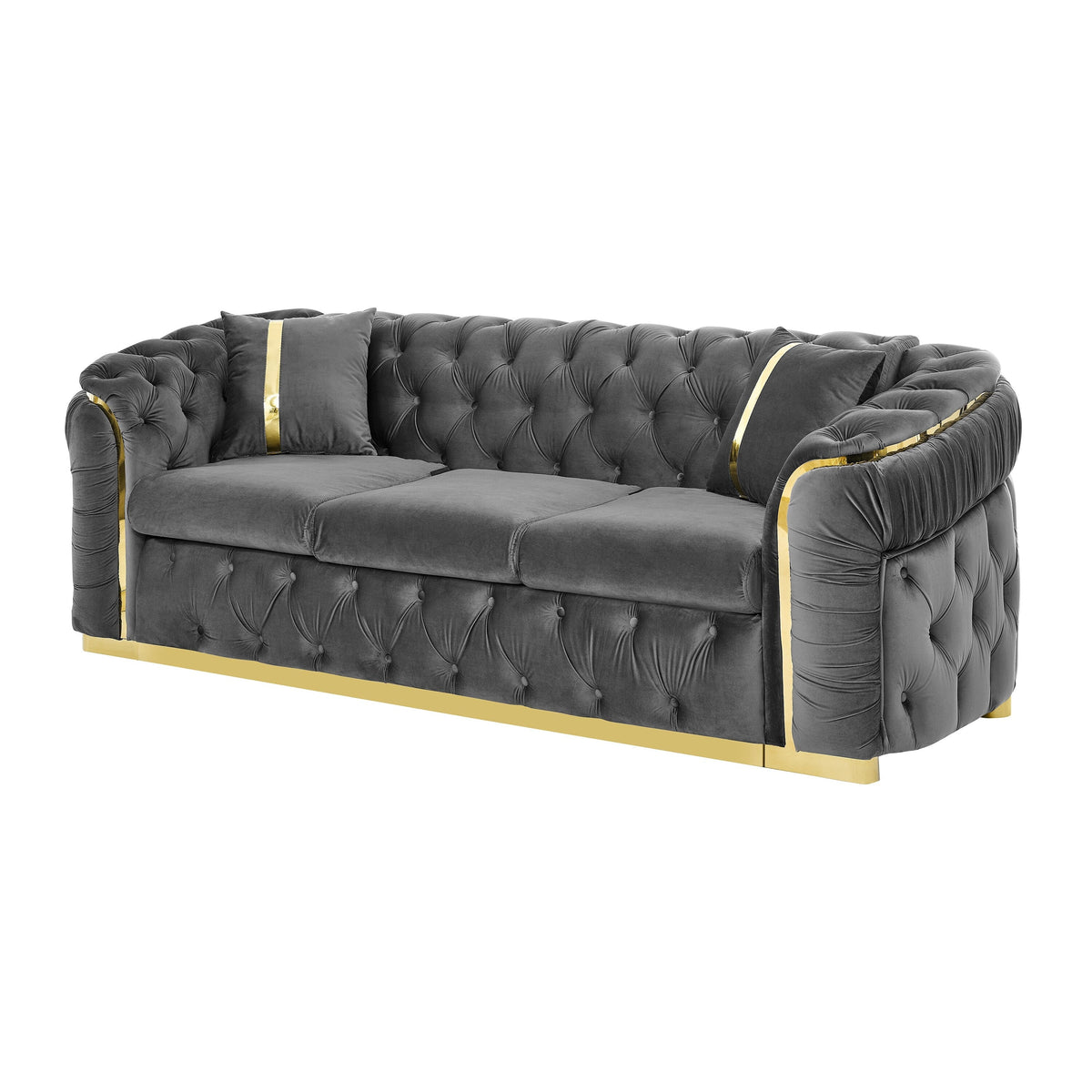 Fluwelen 3-zitsbank van 90.6 met 2 kussens, hoogdichte vulling, gouden accenten en kussens