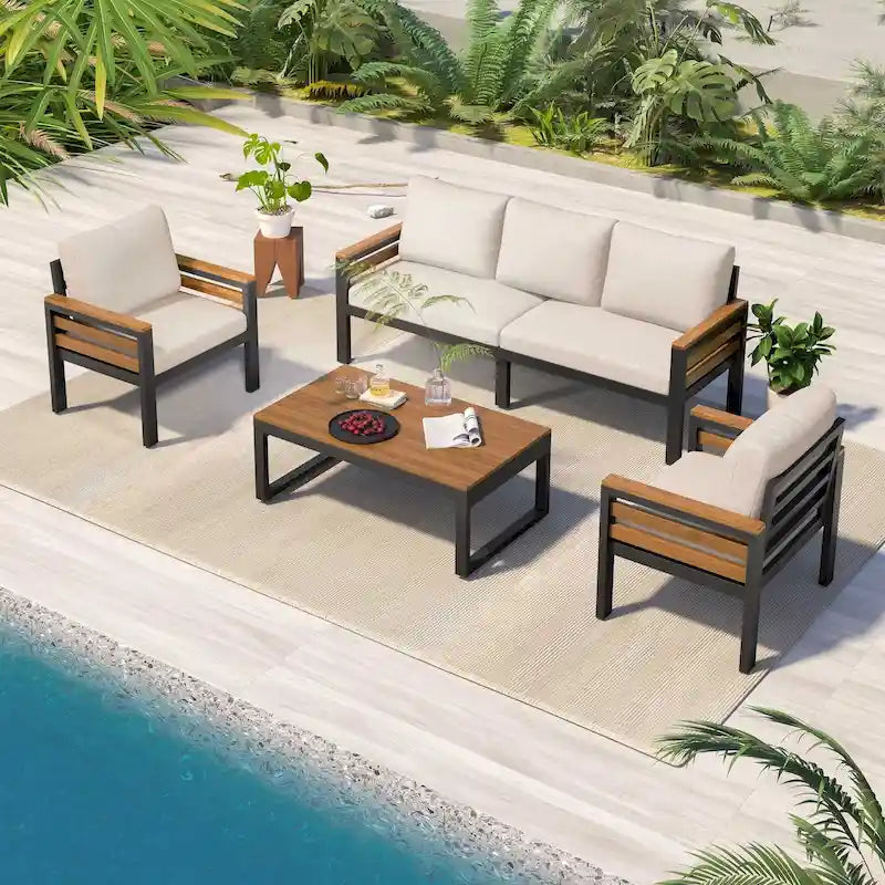 Ensemble de canapé d'extérieur 4 pièces pour 5 personnes, avec table basse en bois massif et coussins amovibles