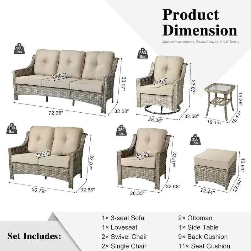 Ensemble de mobilier de jardin extérieur XIZZI de 9 pièces avec fauteuil pivotant