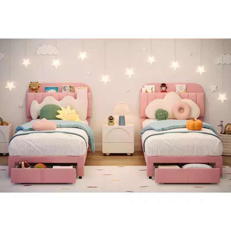 Letto singolo, confezione da 2, con cassetti contenitori e testiera, rivestito in velluto, basso, silenzioso, facile da montare, rosa