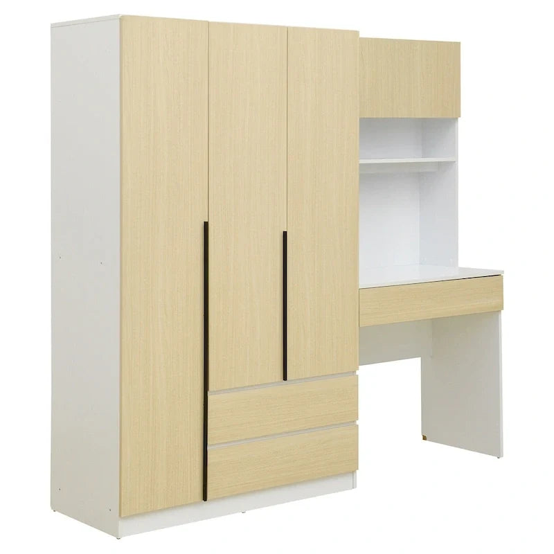 Armoire 3-en-1 avec coiffeuse et bureau, armoire de chambre avec 2 tiroirs et 3 portes de rangement