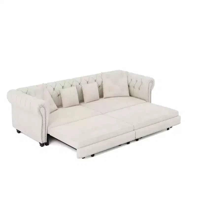 Canapé-lit convertible 3-en-1 Whisen en velours, format king size, avec pouf mobile, design capitonné