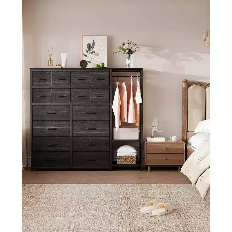 Commode avec 16 tiroirs, tringle de penderie et étagères, organisateur de rangement en tissu pour chambre, placard ou entrée