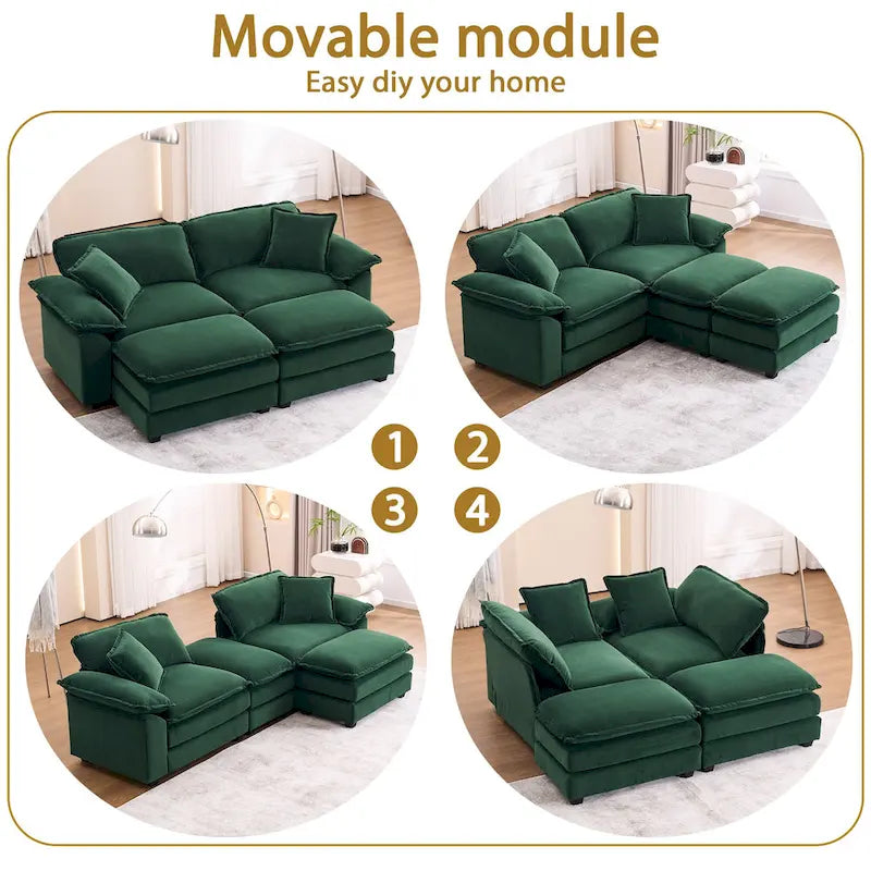 2-Sitzer-Sofa mit 2 Sitzkissen, 2 Kissen und 2 Hockern, bequemes Sofa - tiefes Sofa fürs Wohnzimmer, modulares Sofa