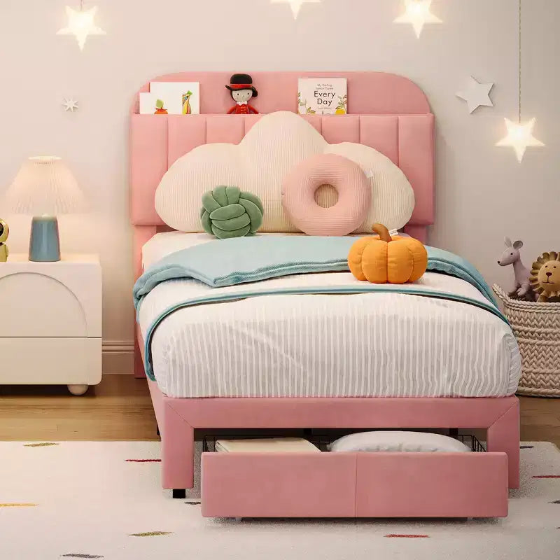 Letto singolo, confezione da 2, con cassetti contenitori e testiera, rivestito in velluto, basso, silenzioso, facile da montare, rosa