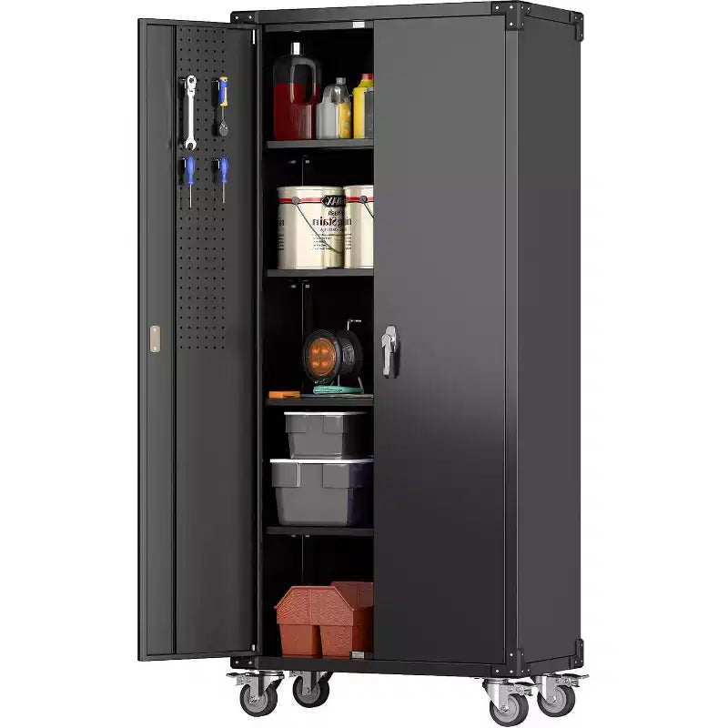 Armoire de rangement pour garage avec roulettes et panneau perforé, armoire métallique verrouillable de 72 H avec 2 portes et 4 étagères réglables pour atelier de garage