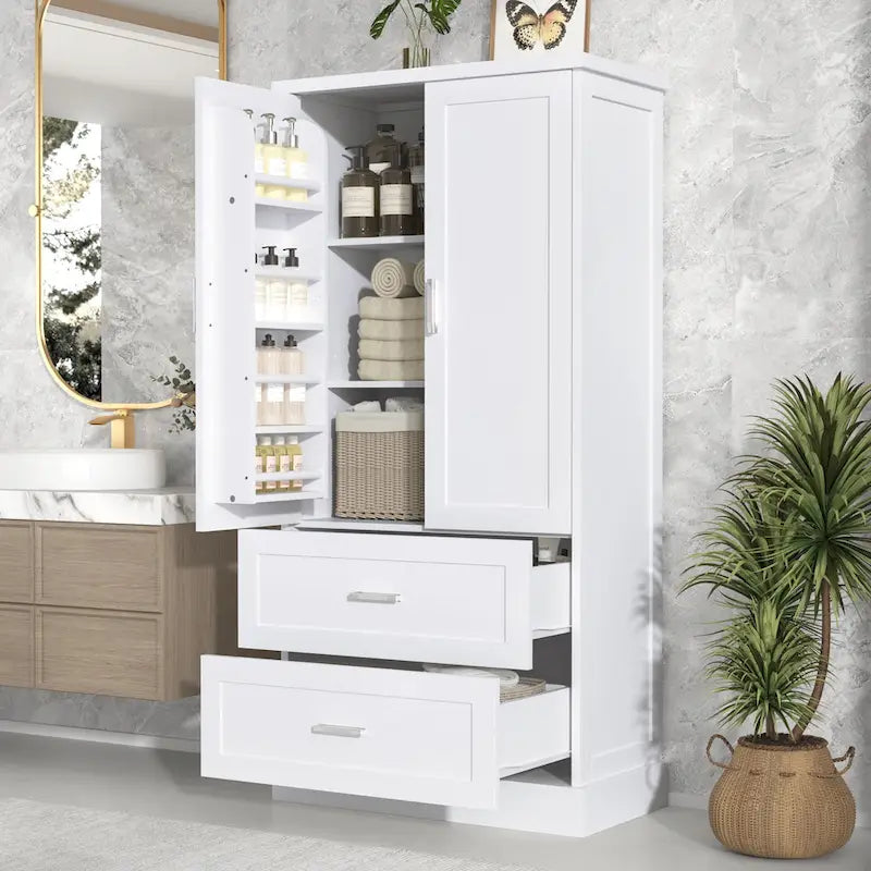 Mobiletto alto da bagno, con due ante e cassetti, ripiano regolabile, pannello MDF