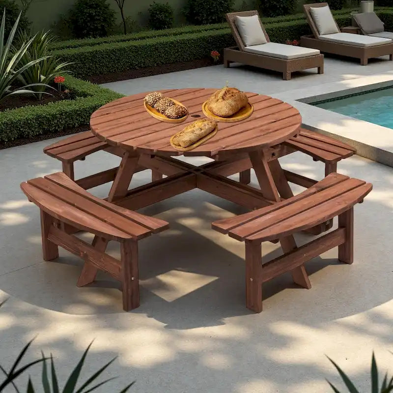 Ensemble de pique-nique rond en bois de sapin pour terrasse extérieure, pour 8 personnes, avec 4 bancs intégrés et un trou pour parasol