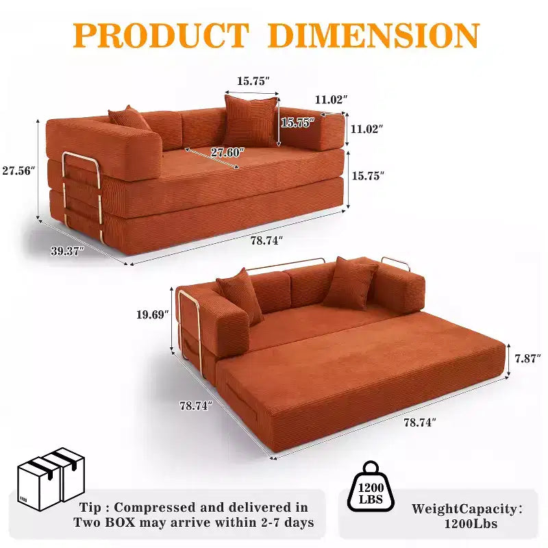 Dyonery canapé-lit pliant 78 en velours côtelé, convertible en lit, format king size, couchage au sol, canapé modulable 4-en-1 à combiner soi-même, confortable et dépliable.