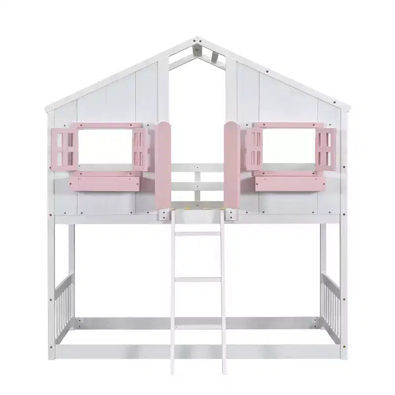 Letto a soppalco a forma di casetta per letto singolo, in legno, con scala e sponde di protezione per bambini