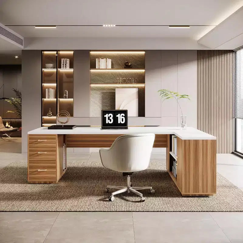 Lantine 85.8 L-vormig directiebureau, extra groot computerbureau voor kantoor met archieflades voor thuiskantoor