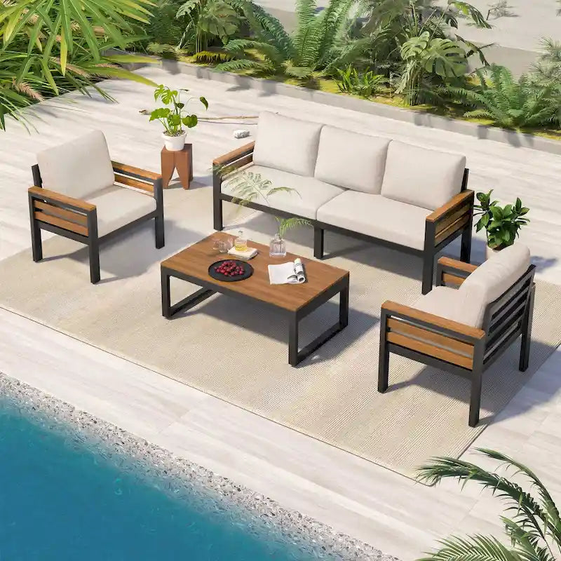 Ensemble de canapé d'extérieur 4 pièces pour 5 personnes, avec table basse en bois massif et coussins amovibles