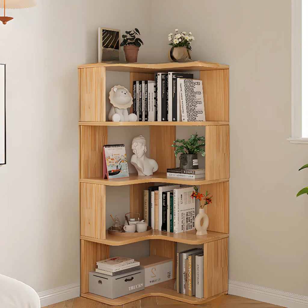 Bücherregal aus vertikalem Holz in L-Form mit offener Rückseite und natürlicher Oberfläche