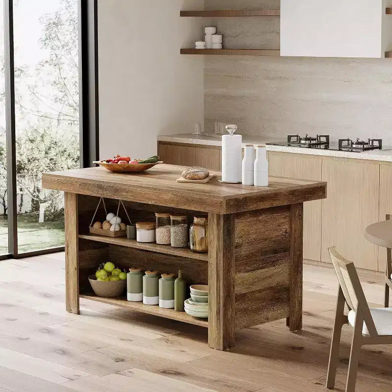 Lantine Kücheninsel mit Stauraum, 55 Inches, 3-stufiger, feststehender Holztisch, moderner Bartisch mit Ablage für die Küche, rustikales Braun