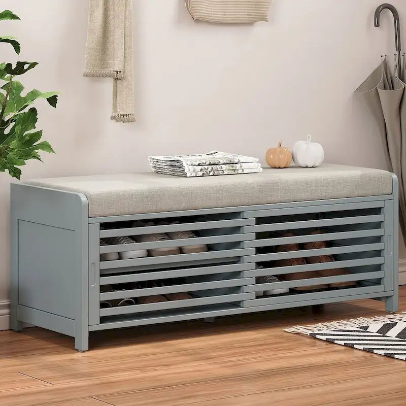 Banc de rangement en bois massif de 43.30 pouces avec persiennes vieillies contemporaines