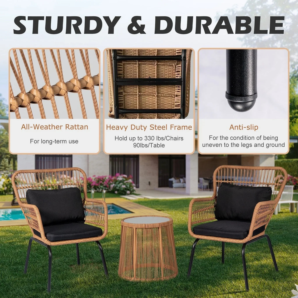 Ensemble bistro de jardin en osier de 3 pièces, ensemble de fauteuils de patio en rotin toutes saisons avec coussins