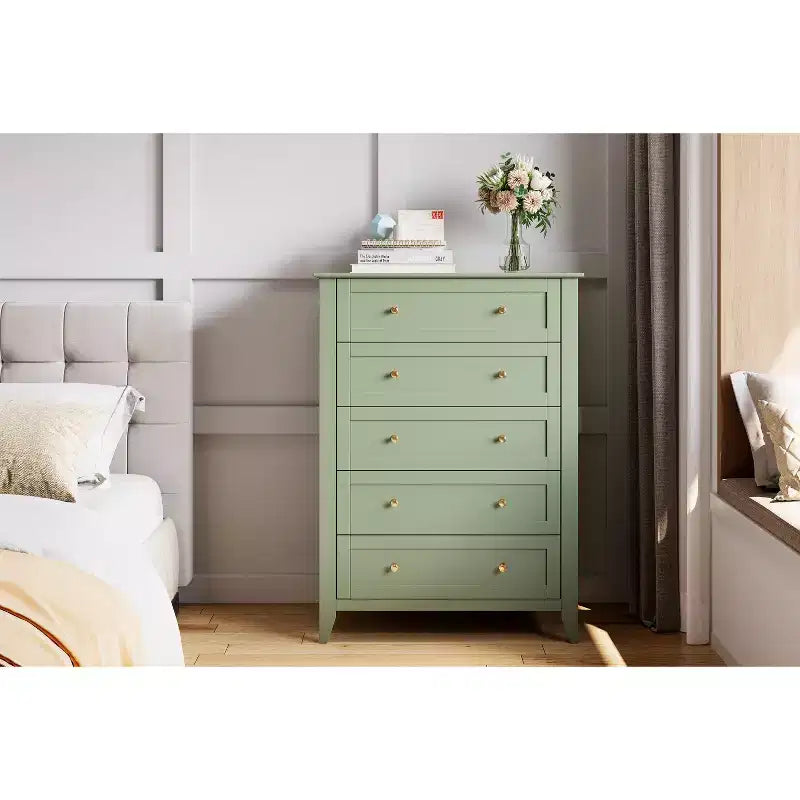 Cassettiera alta 42.5 pollici con 5 cassetti per camera da letto, mobile contenitore in legno con cassetti profondi 11.9 pollici e pomelli in metallo dorato, ideale per ingresso o corridoio