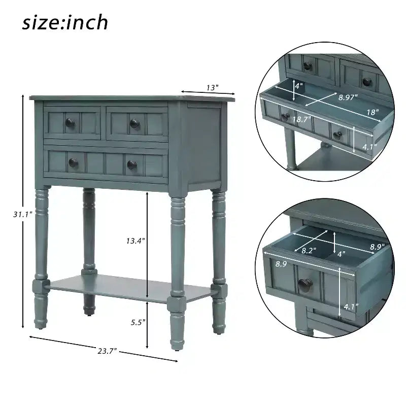 Console étroite de 23.7in avec 3 tiroirs et une étagère, table de canapé pour petit espace, entrée ou salon